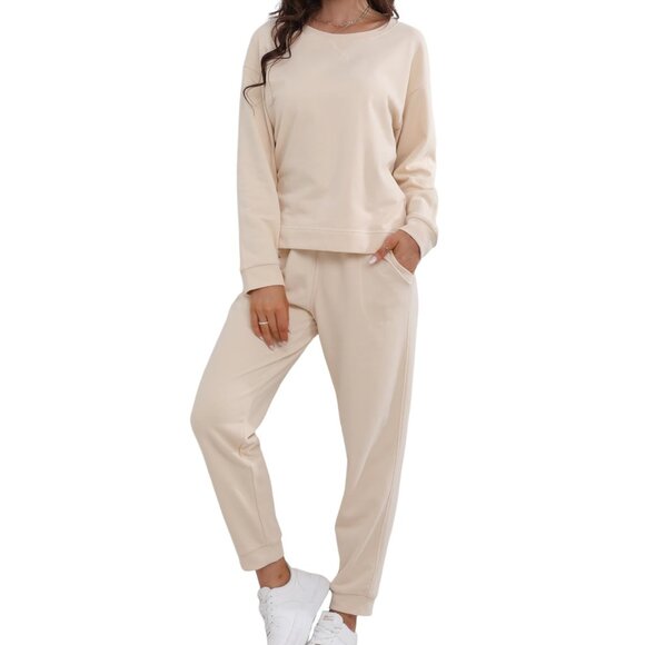 Cotton Lounge Set Soft Comfy Loungewear Round Neck Long Sleeve Sweatshirt Pants